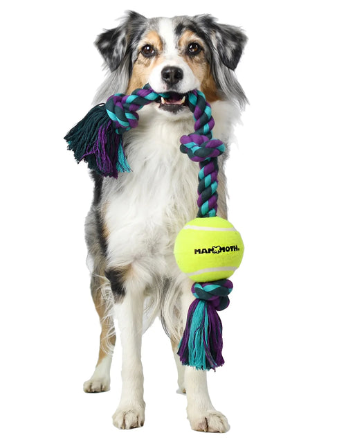 Load image into Gallery viewer, Flossy Chews Cottonblend 3 Knot Tug with 4&quot; Tennis Ball Rope Dog Toy, Large, 24&quot;, Assorted Colors
