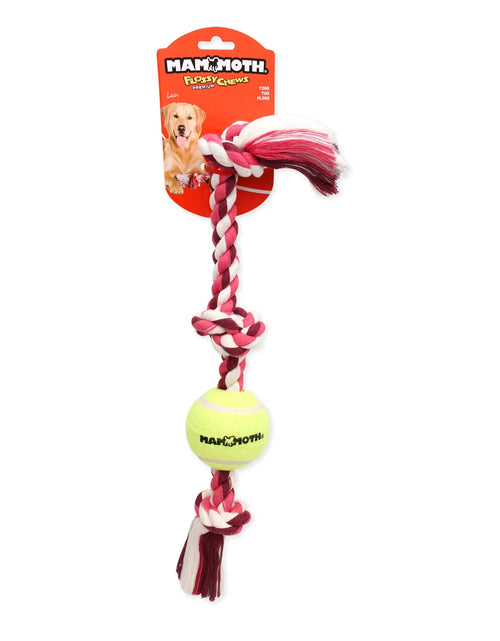 Load image into Gallery viewer, Flossy Chews Cottonblend 3 Knot Tug with 4&quot; Tennis Ball Rope Dog Toy, Large, 24&quot;, Assorted Colors
