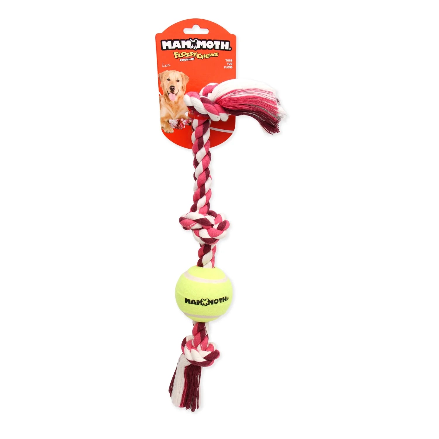 Flossy Chews Cottonblend 3 Knot Tug with 4" Tennis Ball Rope Dog Toy, Large, 24", Assorted Colors