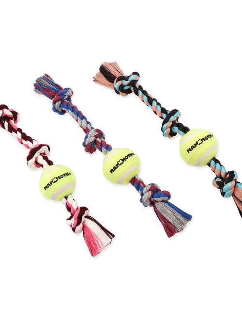 Load image into Gallery viewer, Flossy Chews Cottonblend 3 Knot Tug with 4&quot; Tennis Ball Rope Dog Toy, Large, 24&quot;, Assorted Colors
