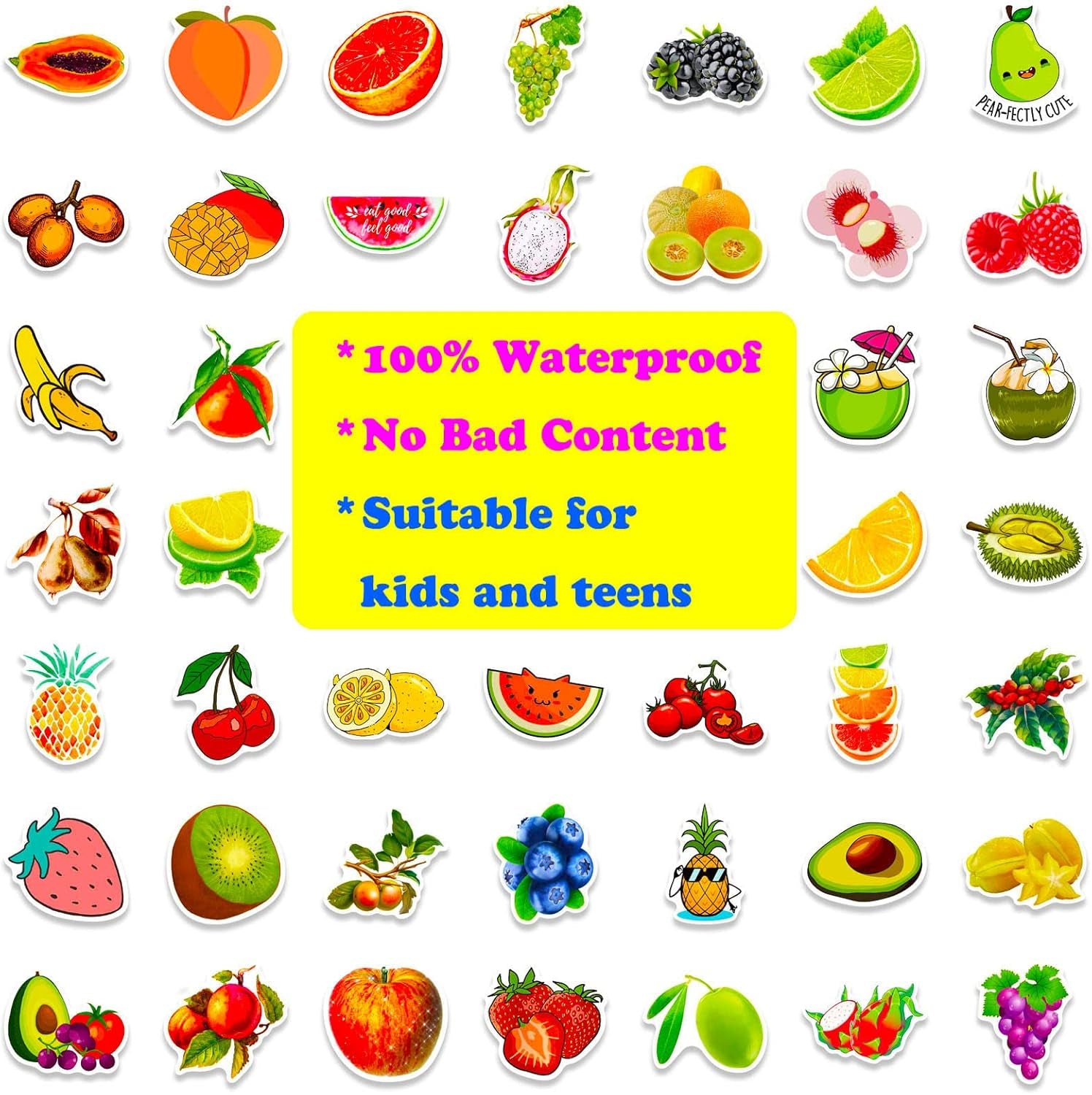 Fruit Stickers, 100 Pcs Cute Fruits Stickers for Kids, Colorful VSCO Waterproof Stickers for Water Bottle Scooter Luggage Laptop Skateboard, Fruits Sticker Bulk Holiday Gifts for Kids Teens Adults