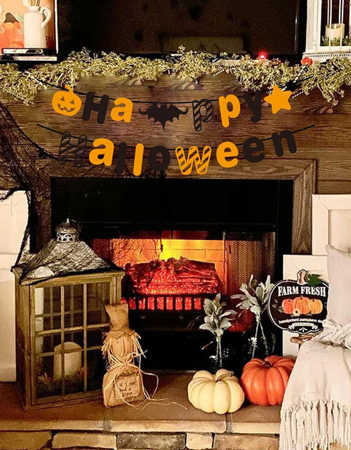 Load image into Gallery viewer, Orange Black Halloween Party Banner with Bat Pumpkin Sign Happy Halloween Letter Banner for Haunted Houses Doorways Home Outdoor Indoor Party Decorations
