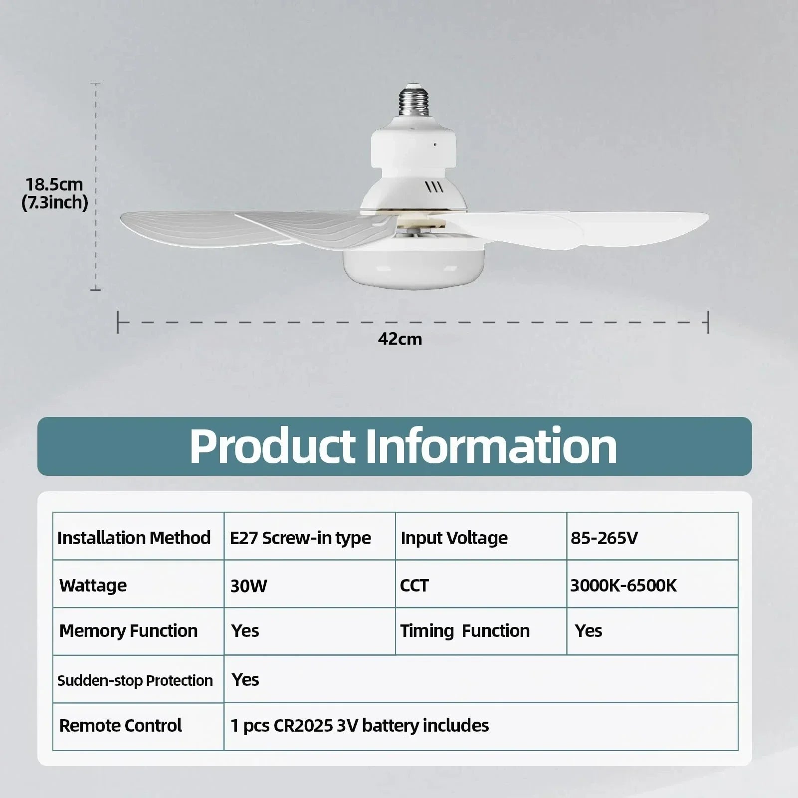 Ceiling Fan Light LED 30W E27 with Remote Control for Dimming, Suitable for Living Room, Study, Household Use, 85-265V